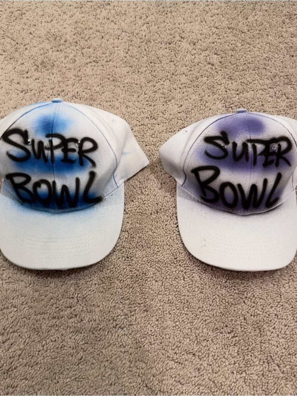 Spray-Painted "Super Bowl" White Caps - Blue & Purple